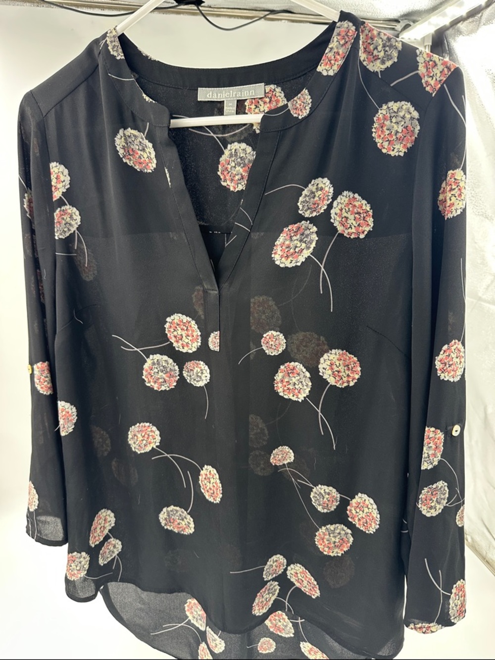 Daniel Rainn Black Blouse with Pink and Cream Floral Clusters